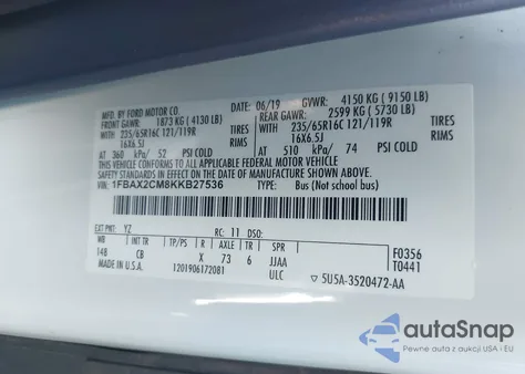 2019 Ford Transit-350 Xlt from USA, damaged, VIN 1FBAX2CM8KKB27536